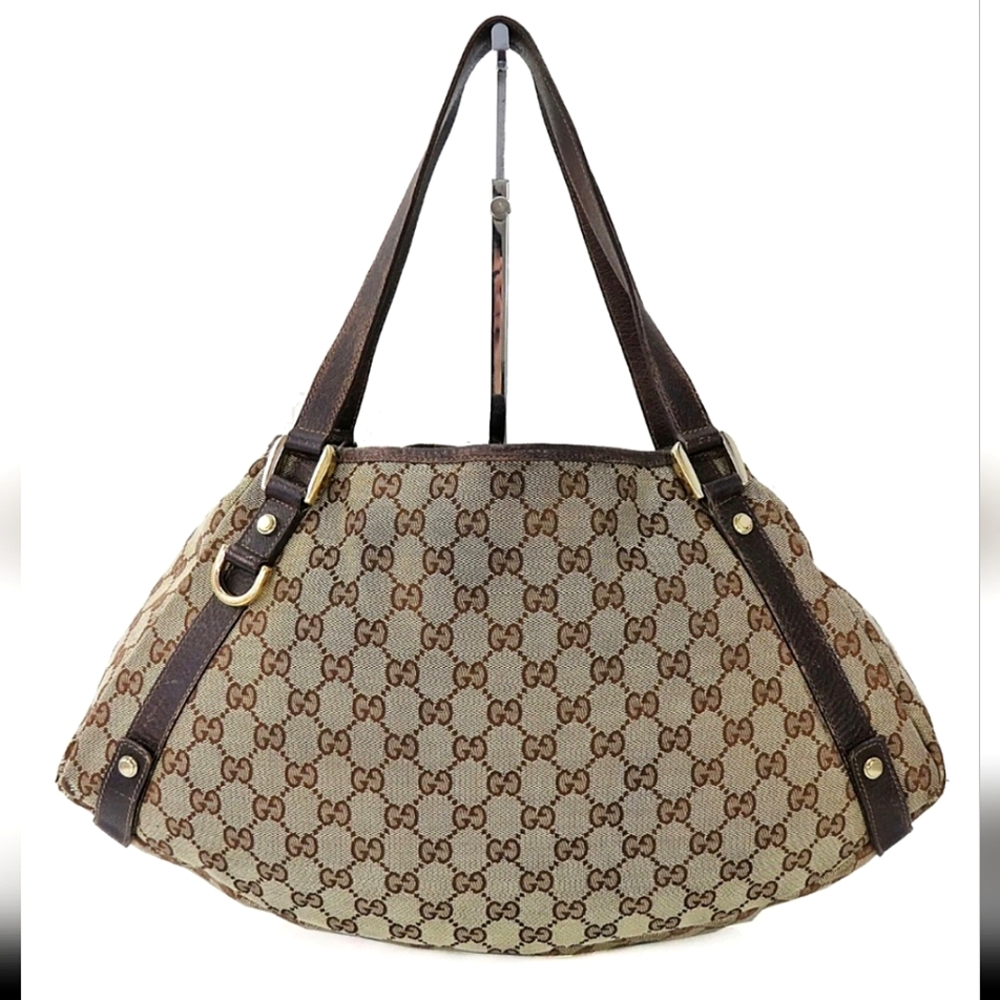 👜  GUCCi ®️  Brown Monogram Cloth & Leather Shoulder Bag Purse - Picture 16 of 16